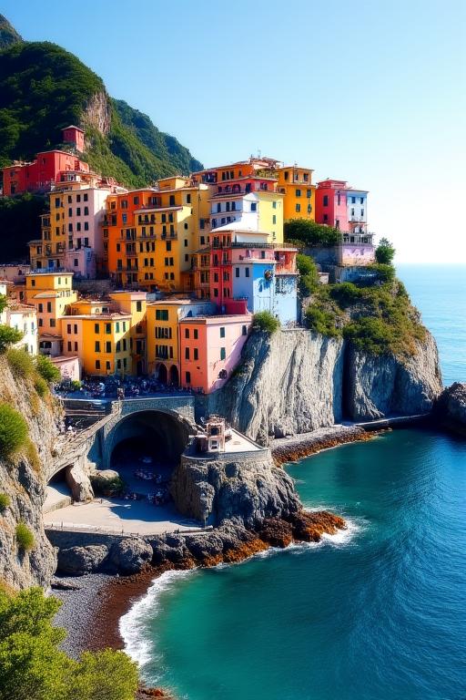 Colorful houses perched on cliffs along the Amalfi Coast, Italy.