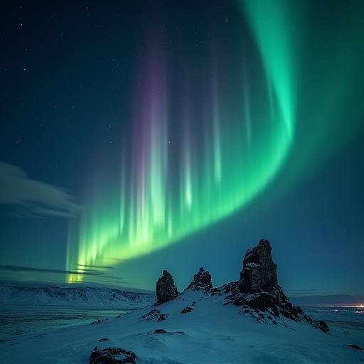 The vibrant green and purple northern lights over a snowy landscape in Iceland.