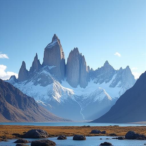 Majestic, jagged mountain peaks in Patagonia, viewed from a distance.