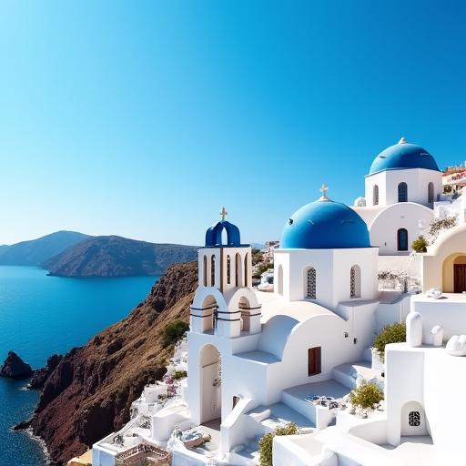 Iconic white buildings with blue domes overlooking the sea in Santorini, Greece.