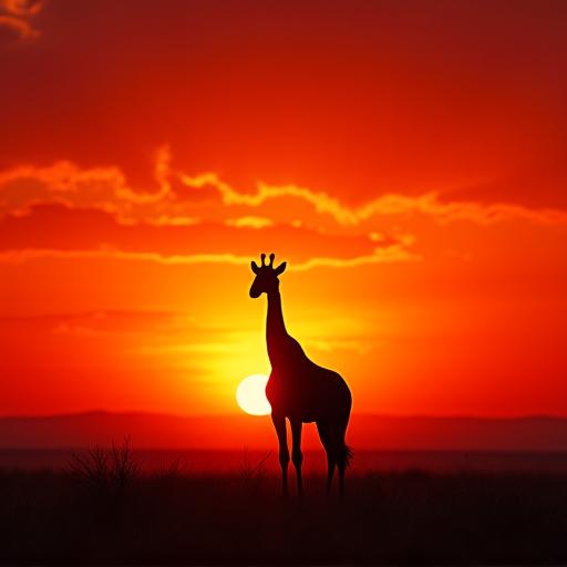 A silhouette of a giraffe against a vibrant sunset in the Serengeti.
