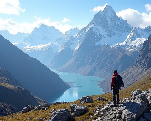 A hiker looking out over the majestic mountains of Patagonia.