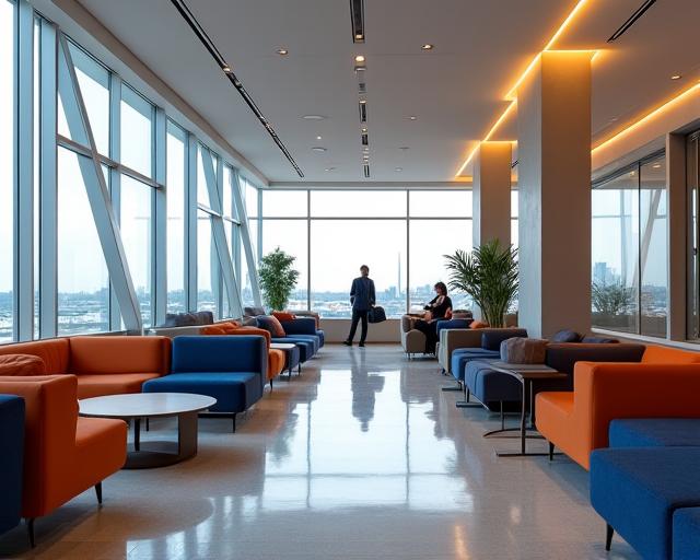 A modern and sophisticated airport business lounge.